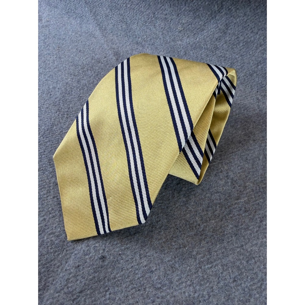 Brooks Brothers Necktie Mens Gold Navy Blue White Striped Silk 346 Italy - Picture 1 of 4